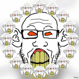 reddit markiplier soyjak with several smaller clones of itself orbiting around.gif