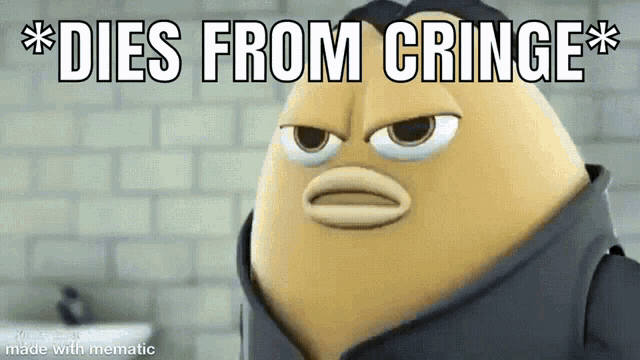 a cartoon character says  dies from cringe  in front of a brick wall .